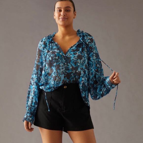 Anthropologie Blue Sheer Printed Peasant Blouse Sz XS - Picture 1 of 13